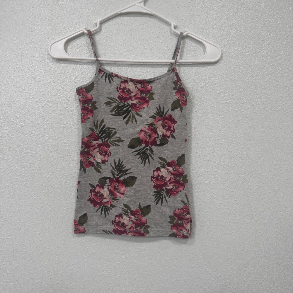 Aeropostale Womens XS Floral Cami Tank Top Heather Grey Pink Spaghetti Strap